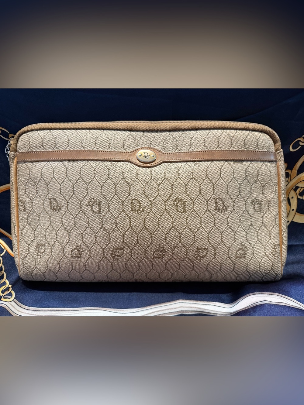 Christian Dior Honeycomb Monogram Canvas Clutch with Tan Leather Trim